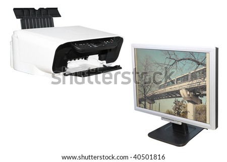 printer and monitor under the white background