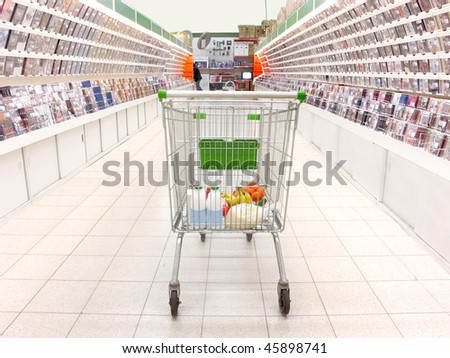 shopping trolley with purchases in the supermarket. Focus is under the back site of trolley