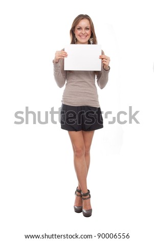The image of girl with the empty list of paper in her hands. This list must be used as the place of your text