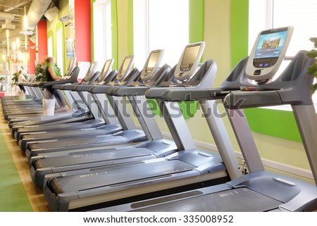Moscow, Russia, October, 7, 2015: interior of a modern fitness hall in Moscow. Today fitness centers are very popular with Muscovites