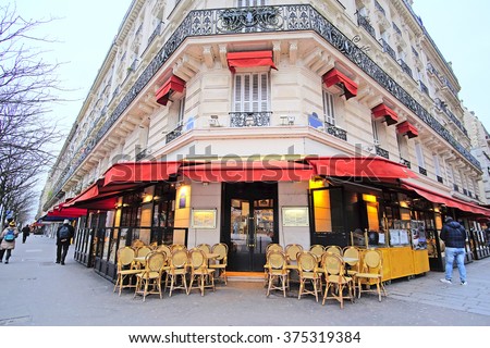 Paris, France, February 7, 2016: street cafe in Paris, France