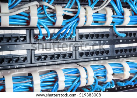 Server rack with blue internet patch cord cables connected to patch panel in server room