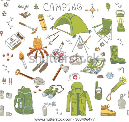 Seamless Background Of Hand Drawn Camping Equipment Symbols And Icons Hiking Mountain Climbing And Camping Doodle Elements Vector Illustration Camp Clothes Shoes Gear And Camp Associated Things Stock Images Page Everypixel