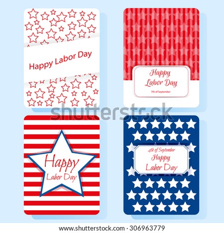 Set of 4 Happy Labor day card, United States of America, 7 th of September, with fonts, set of design elements for Labor Day, national holiday vector card with flat design