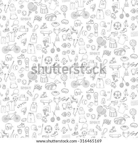 Seamless pattern on transparent background. Hand drawn doodle sport set. Vector sketchy sport related icons, tennis, golf, baseball, basketball, football, soccer, volleyball, rugby, hockey, fitness, boxing, running, bicycle