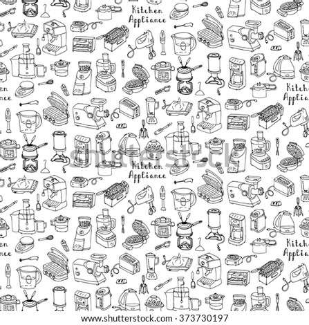 Seamless Background Hand Drawn Doodle Kitchen Appliance Vector Illustration Cartoon Icons Set