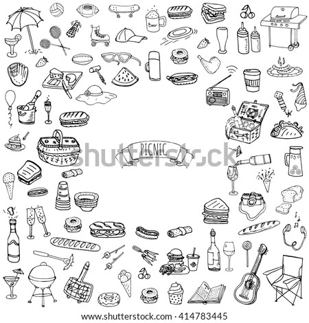Hand drawn doodle Picnic icons set. Vector illustration barbecue sketchy symbols collection Cartoon bbq concept elements Summer Umbrella Guitar Food basket Drinks Wine Sandwich Sport activities Fruits