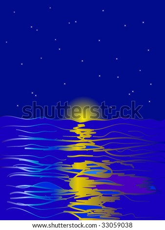 abstract night sea and moon with stars