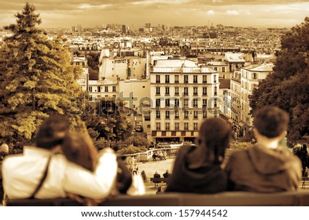 View of Paris from the hill of Montmartre.Couples in love.Paris. France