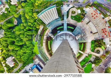 View on hight point of Oriental Pearl Tower. Glass floor.  Tower 470 meter the Oriental Pearl is one of Shanghai\'s tallest buildings.