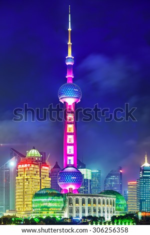 SHANGHAI, CHINA -MAY 24, 2015. Oriental Pearl Tower at the nighttime. Tower  470 meter the Oriental Pearl is one of Shanghai's tallest buildings, located at Lujiazui finance and trade zone in Pudong.