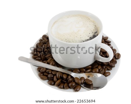 Cup of hot coffee e with cream foam   and coffee grains on plate. Isolated.