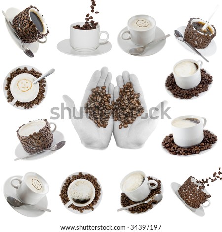 Collage (collection) of various  coffee cups with coffee. Isolated.