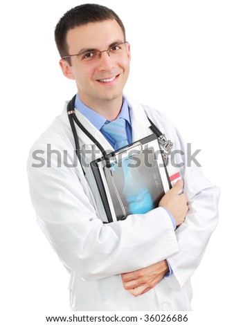 Friendly medical doctor  stand with  a x-ray image and medical pad. Isolated