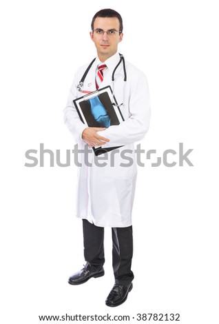 Medical doctor  stand with  a x-ray image and medical pad. Isolated