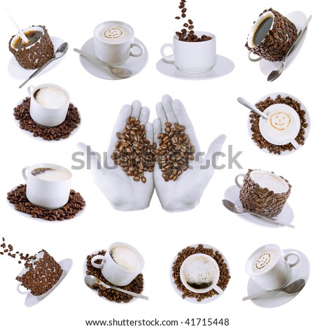 Collage (collection) of various  coffee cups with coffee. Isolated over white.