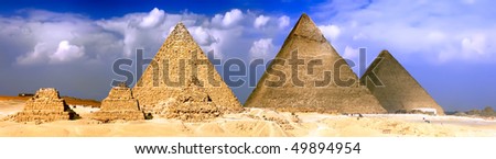 Great Pyramids, located in Giza, the pyramid of Pharaoh Khufu, Khafre and Menkaure. Egypt. Panorama
