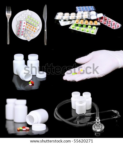 Collage of medicine- pills bottle,infusion set, hands with syringe syringes. On black background