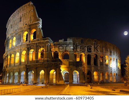 The Colosseum, the world famous landmark in Rome.  Night view .Panorama