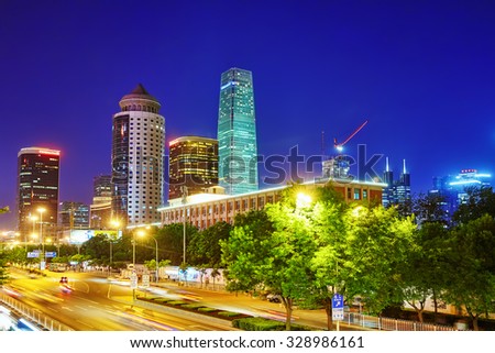 BEIJING, CHINA - MAY 20, 2015:Evening, night modern Beijing business quarter of the capital, the streets of the city with skyscrapers. Beijing. China