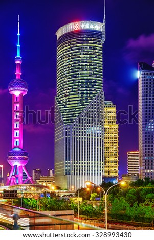 SHANGHAI-MAY 24, 2015. Oriental Pearl Tower on  blue sky background. Tower  470 meter the Oriental Pearl is one of Shanghai's tallest buildings, located at Lujiazui finance and trade zone in Pudong