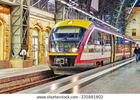 DRESDEN,GERMANY-SEPTEMBER 08,2015: Intercity train at the railways station of Dresden.Rail transport in Germany is at a very high level of progress. Saxony, Germany.