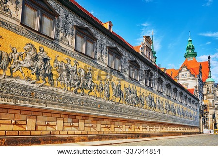 Georgentor and the Procession of Princes. Georgentor, or Georgenbau, was the original city exit to the Elbe Bridge and the first of the city\'s many Renaissance buildings. Saxony, Germany.