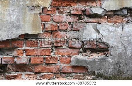 Broken bricks at the old obsolete wall