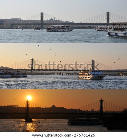 A scenic view of a bridge and ships in a day light, evening light and at sunset