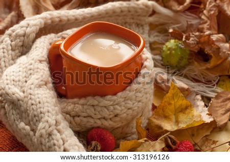 A bright and cozy autumn composition with an orange cup of milk tea, a beige knitted scarf, dry tree leaves, hips, chestnuts and cinnamon sticks