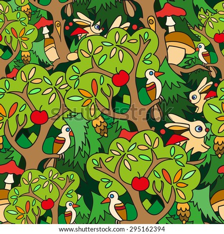 Colorful seamless vector pattern. Forest design, background with forest animals and birds in childish style.