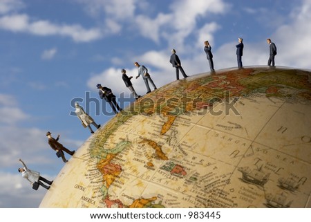 Meet the boss, business figures in a line on a globe