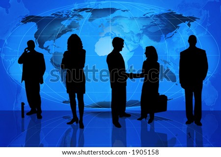 Businessman with briefcase standing in front of an earth map and other business people in silhouette