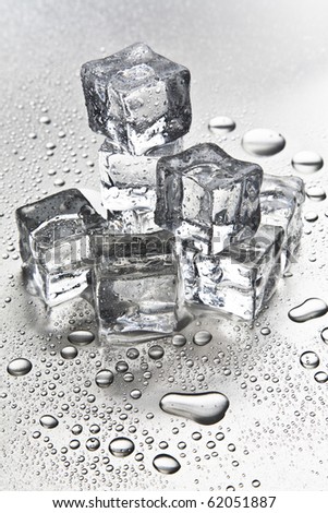 Melting ice cubes on a metal tabletop