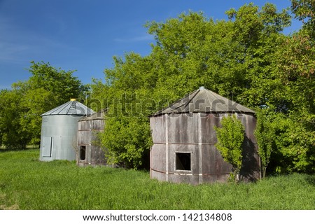 A trio of old grain bins sit empty in the trees