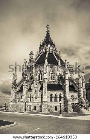 The Library of Parliament is the main information repository and research resource for the Parliament of Canada. Processed with an infrared monochrome sepia filter.