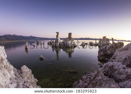 Mono Lake is one of California\'s most prominent photographic icons. The Tufas are dramatic rock spires protruding from the seabed.