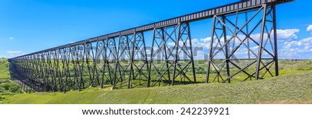 The High Level Bridge in Lethbridge, Alberta, Canada. The bridge is the longest and highest trestle bridge in the world soaring above the Oldman River.