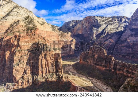 A view of Big Bend from the top of the cliffs of Zion National Park at Scout\'s Lookout near Angels Landing.