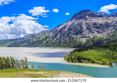 The clean blue mountain water enters the muddy waters of Middle Waterton Lake at Waterton Lakes National Park in Alberta, Canada.