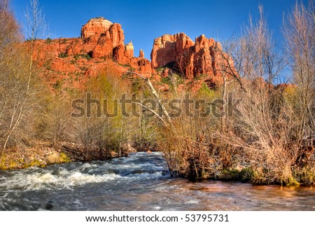 Cathedral Rock and Oak Creek, in the Coconino National Forest, near Sedona, Arizona.  Process with HDR.