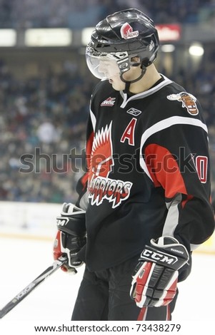 SASKATOON - MARCH 17: Collin Bowman of the Western Hockey League (WHL) team, the Moose Jaw Warriors in a game between the Moose Jaw Warriors and the Saskatoon Blades on March 17, 2011 in Saskatoon, Canada.