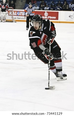 SASKATOON - MARCH 17: Dylan Hood of the Moose Jaw Warriors at Western Hockey League (WHL) game. March 17, 2011 in Saskatoon, Canada.