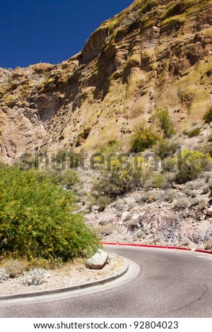 Arizona desert highway with plant life growing on the side of a mountain in spring