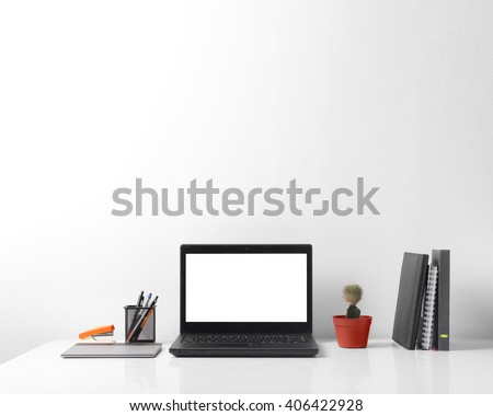 Front view portrait of modern person working area, over white background for copy space