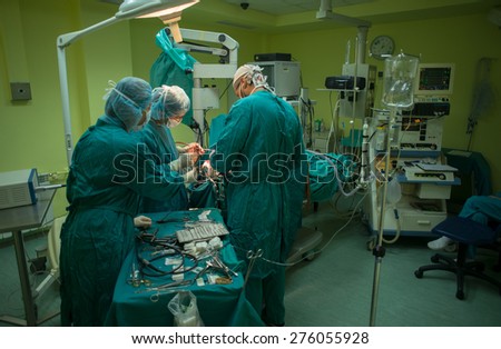 Team of neurosurgeons performed brain surgery to remove a tumor in the University hospital \