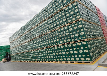Packs with bottles Staropramen beer are seen in the Molson Coors Kamenitza brewery storage lot, April 28, 2015, near the city of Haskovo, Bulgaria.
