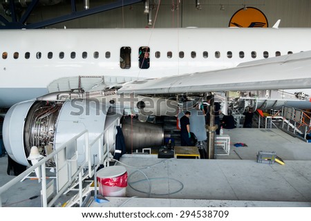 This airplane is disassembled to basic parts and workers and engineers are performing repairs, fixes, modernization and renovation  in the Lufthansa Technik hangar in Sofia, Bulgaria, May 19, 2014.