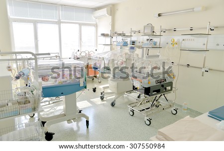 Specially equipped room with newborn babys sleeping in incubators in the Obstetrics and Gynecology Hospital \