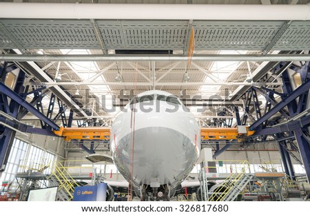 An airplane cockpit is seen in this aircraft repair and modernization hall in the Lufthansa Technik  in Sofia, Bulgaria, October 7, 2015.
